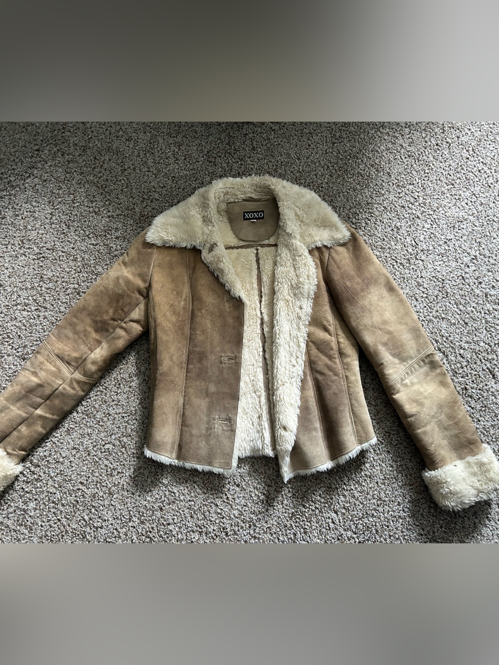 XOXO Tan Suede Jacket with Cream Faux Shearling